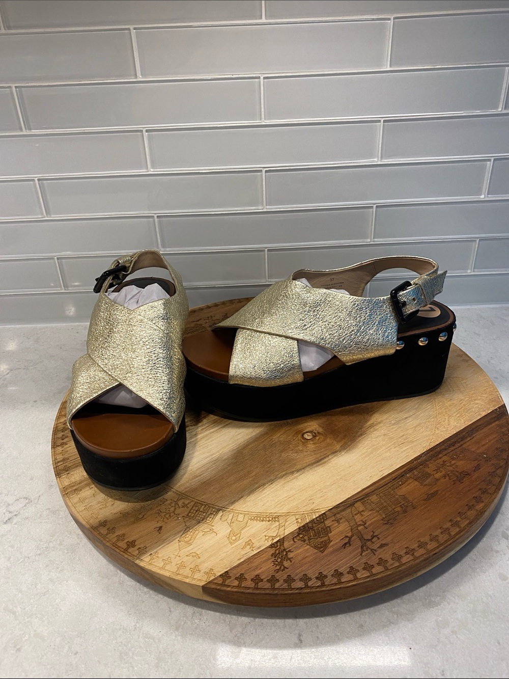 RUDSAK Gold leather Crisscross Platform Sandals with Black Sole